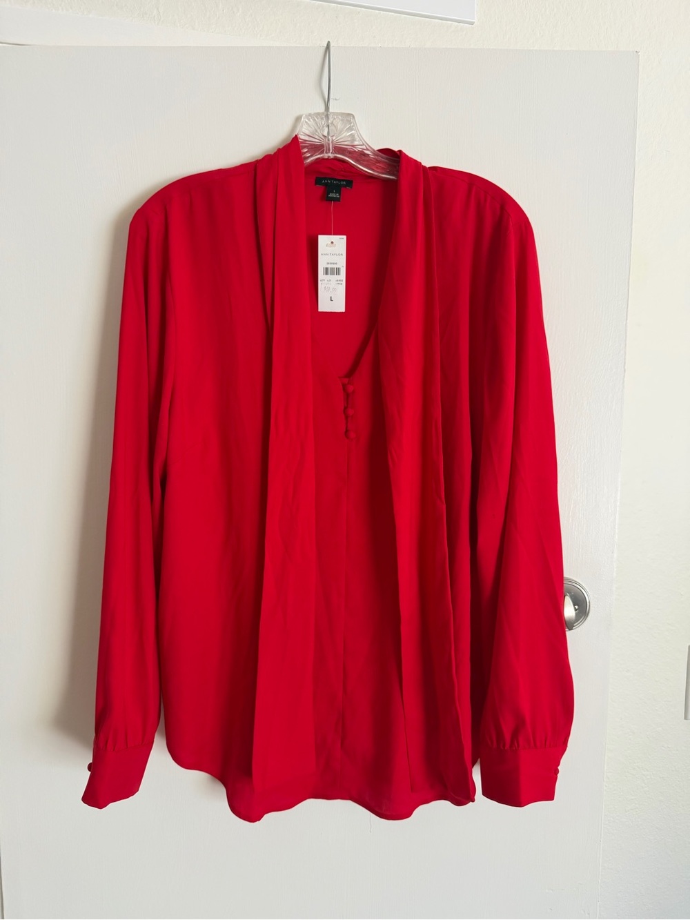 Ann Taylor Bright Red V-Neck Blouse with Ties